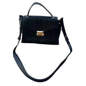 Michael Kors Whitney Black Gold Strips Quilted Leather Satchel Shoulder Bag